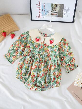 1 pieza Pelele de algodón para bebé niña con estampado de fresa en todo el diseño, body suave y elegante de manga larga para salidas de primavera/otoño, fiesta de cumpleaños