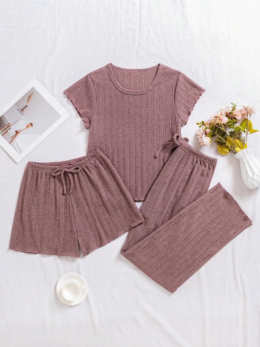 Bộ đồ mặc nhà 3 món dành cho nữ - Áo thun tay ngắn dệt kim gân, quần short và quần dài có dây rút, trang phục nhẹ nhàng thời trang xuân/hè - Đỏ - Xem 1