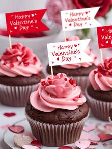 20pcs/Set Red/White Happy Valentine's Day Printed Cupcake Toppers, Heart Shaped Printed Cupcake Decorations For Home Baking, Party Table Decor, Candlelight Dinner Cake Decor, DIY Decorations, Suitable For Valentine's Day, Home Baking, Holiday Party, DIY Decor, Cupcake Decorations, Atmosphere Decor