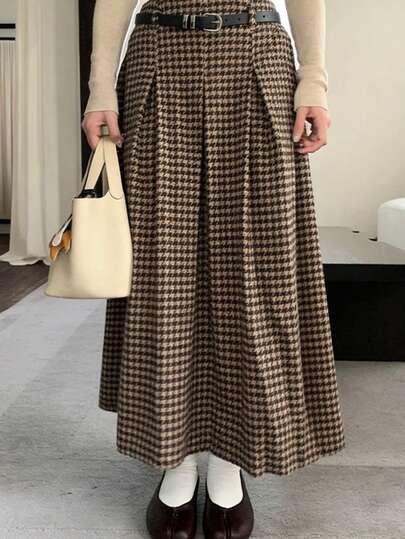 复古格纹高腰A字长裙，配腰带，秋冬春季