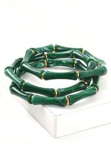 1 Set Of 3pcs Adjustable Beaded Bracelets Stack, Lightweight Acrylic Marble Texture & Olive Green Bamboo Beads Boho Minimalist Stretch Bracelet Set, Daily Wear Cuff Bangle Stackable Jewelry Gift For Women Teens, Perfect For Summer Holiday Casual Outfit Christmas Birthday Party - 綠色 - 查看 5