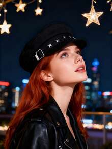 1 Stück Damen Einfarbiger Fünfzackiger Stern Schnalle Flacher Breiter Krempe Hut, vielseitige Zeitungsboy Mütze für Lässig, Ausflüge, Pendeln - einfarbig - Übersicht 9