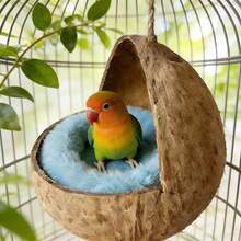Natural Small Pet Coconut Shell Bird Nest, House, Bed, Breeding Nesting, Anti-Chew, With Warm Pad And Bell For Parrots, Cockatiel, Finches - Multicolor - View 5