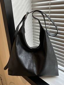 Tas jinjing komuter warna solid bahan PU model terbaru 2026, tas selempang desain minimalis dan unik, tas bahu bergaya dengan kapasitas besar. - Hitam - View 9