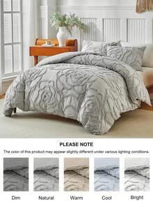 2/3pcs Grey Rose Tufted Jacquard Polyester Duvet Cover Set, Modern Luxury Bedding Set Suitable For All Seasons, Soft & Breathable, Machine Washable, Available In Large & Extra Large Sizes, With Zipper Closure (1 Duvet Cover + 1/2 Pillowcases, Excludes Filling) - Light Grey - View 5
