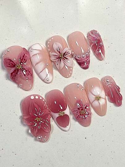 Y2K Floral Acrylic Nails 10Pcs French Tips Medium Almond Press On Nail Tips, DIY Art Holographic Fake Nails Set 3D With White Beads/Butterfly Accessories For Nail Salons Girls And Women Nail Supplies Daily Wear, Holiday Parties And Gifts