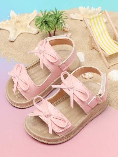 Toddler Girls' Casual Sandals, Comfortable Fashion Double Bow Decor Hook And Loop Closure Open Toe Sandals