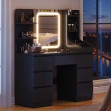 Devoko Vanity Unit With LED Lighting, 3-Stage Brightness Control, Vanity Unit With Adjustable Mirror, 7 Drawers And Open Shelves, Modern Wooden Dressing Table For The Bedroom, Stylish Contemporary Design, Stepless Dimming, White/Pink/Black - 黑色 - 查看 1