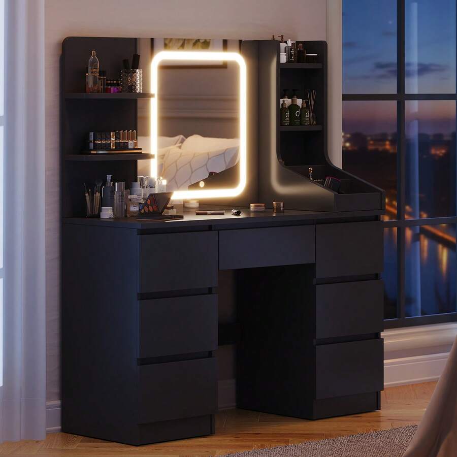 Devoko Vanity Unit With LED Lighting, 3-Stage Brightness Control, Vanity Unit With Adjustable Mirror, 7 Drawers And Open Shelves, Modern Wooden Dressing Table For The Bedroom, Stylish Contemporary Design, Stepless Dimming, White/Pink/Black - 黑色 - 查看 1