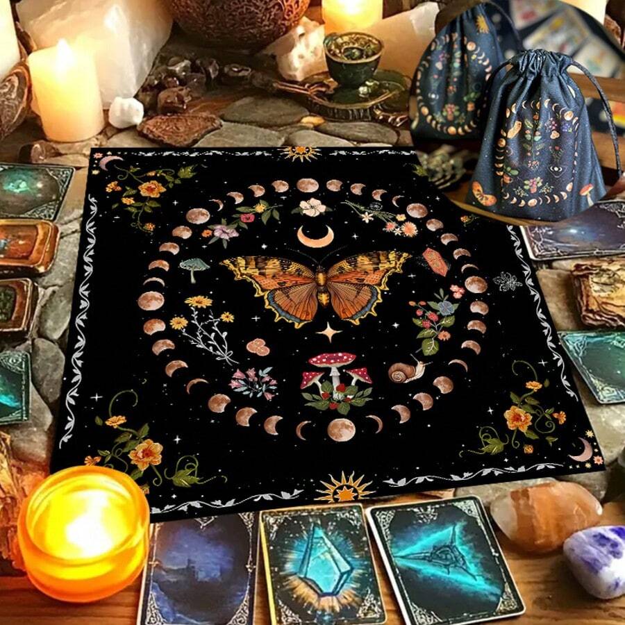 1PC Elegant Triple Moon Altar Cloth - Mystical Floral & Celestial Design, With Tarot Bag Optional,Moon Phase Tarot Mat With Butterfly & Crescent Moons, Witchy Cottage Core Decor For Spreads, Moon Decorations Room Decor - Multicolor - View 1