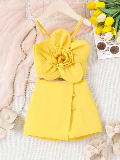 2pcs/Set Fashionable Young Girl' 3D Floral Camisole And Shorts Set, Summer