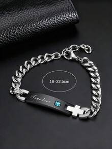 1pc Stainless Steel Two-Tone Curb Chain Bracelet For Men, Cross & True Love Engraved Design, Perfect For Streetwear - Black - View 4