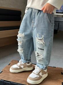 Autumn Loose Fit Distressed Straight Leg Jeans For Young Boys, Suitable For Daily, School, Casual And Outdoor Wear - Blue - View 4