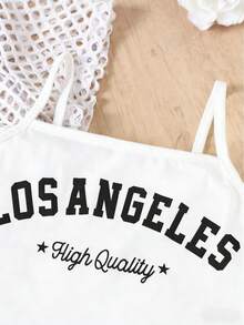 少女三件套！白色网纱露脐上衣，搭配印有“LOSANGELES”字样的白色吊带背心，以及带口袋的同色系百褶迷你裙，实用百搭，轻松打造时尚街头风，夏季出行必备单品。 - 白色 - 查看 5