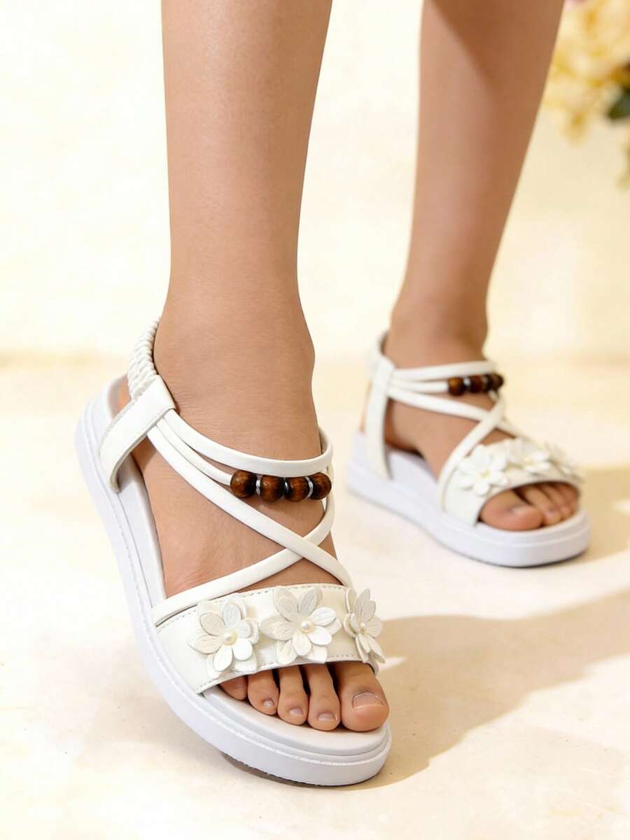 1 Pair Fashionable Children's Flat Sandals, Elegant Girls' Sandals, Bohemian Style, Slip-On Design, Suitable For Daily Outings, Weddings, Parties, Summer Vacation - White - View 1