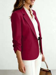 Fashion Red 3/4 Sleeve Women's Blazer Jacket, Regular Fit, Button Closure, Casual Chic, Polyester Fabric, Suit Jacket - Red - View 4