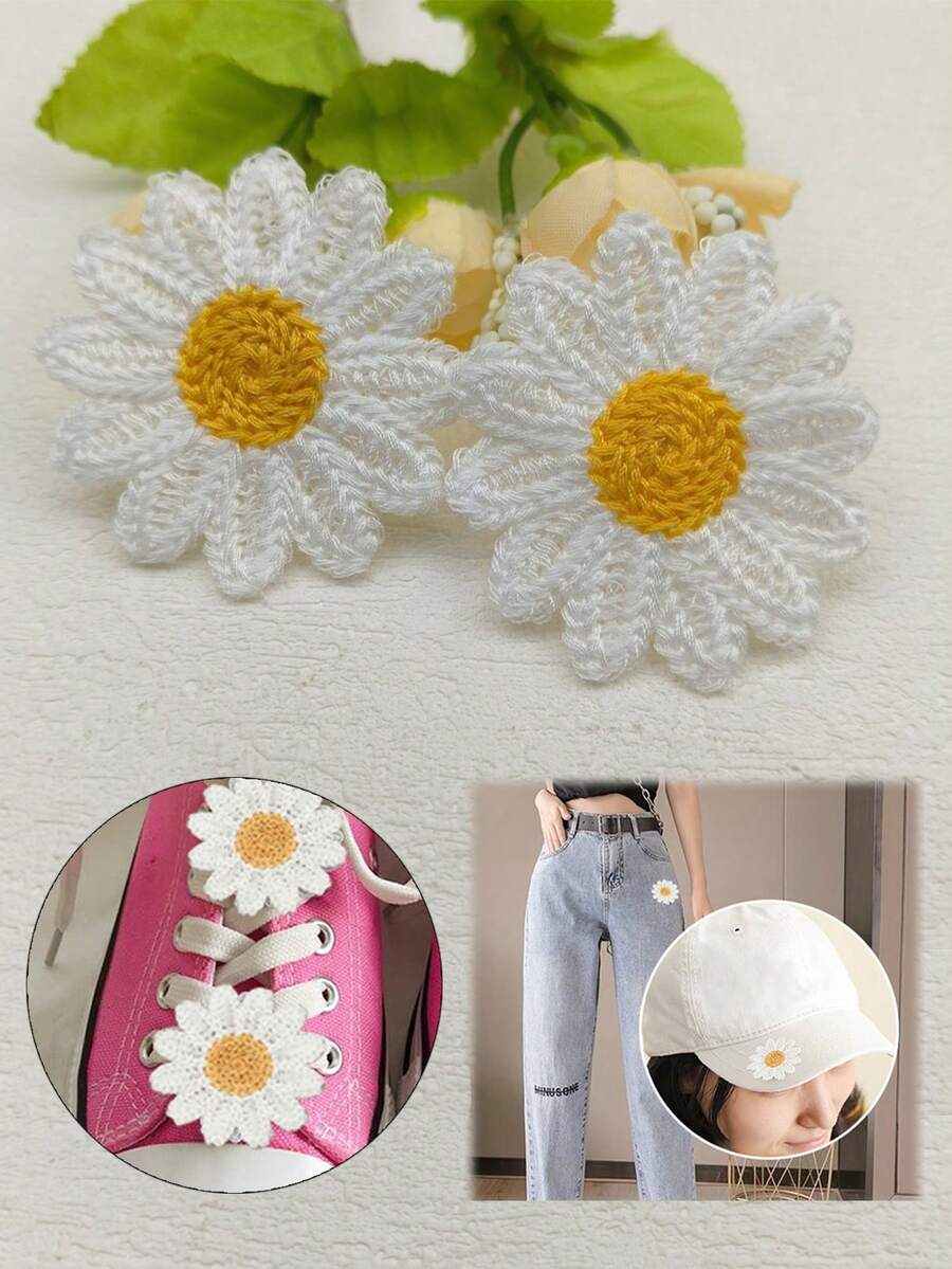 10 Stücke wasserlösliche bestickte zarte Gänseblümchen, gestrickte einzigartige kleine Blumen Deko, geeignet für Kleidung/Haarclips/Stirnbänder/Hüte/Schuhe/Taschenzubehör - Gelb - Übersicht 1