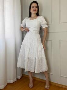 Women's 3-Marias Midi Dress In Elegant Cotton Lace With Belt And Ruffled Hem - Casual Fashion - For Dating Or Weddings - 白色 - 查看 4