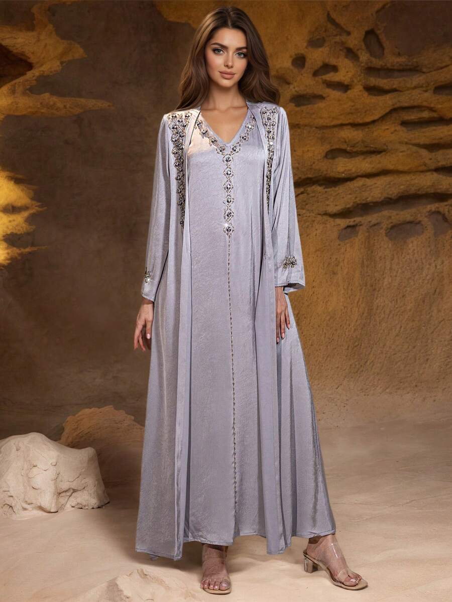 Bộ váy dạ hội và áo choàng Abaya sang trọng đính pha lê dành cho nữ, thích hợp cho mùa xuân. - Bụi tím - Xem 1