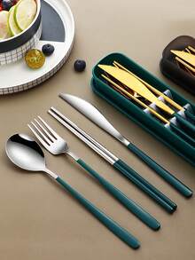 4pcs Stainless Steel Portable Cutlery Set, Travel Utensils With Case, Reusable Stainless Steel Camping Cutlery Set Including Fork, Spoon, Chopsticks And Case, Suitable For Western Dining, Kitchen, Lunch Box, Office, Picnic, Daily Meals, Multi-Combination - Multicolor - View 3