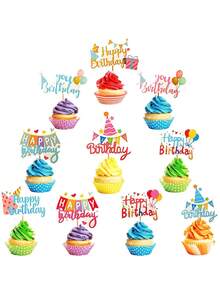 50 قطعة من أعلام وأعواد الكيك لحفلات عيد الميلاد، أعلام "عيد ميلاد سعيد"، أعلام وأعواد الكيك، مستلزمات حفلات عيد الميلاد، قبعات بالونات ملونة وأعلام ورقية لتزيين الكيك والحلويات والحفلات