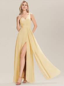 Elegant Solid V-Neck Ruched Draped Split Thigh Maxi Yellow Bridesmaid Dresses - Yellow - View 1