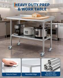 Mesa de preparación de acero inoxidable de 24 x 48 pulgadas con 4 ruedas con bloqueo, estante inferior ajustable, mesa de trabajo de cocina comercial resistente para restaurantes, garajes y uso en exteriores. - Plateado - Ver 7