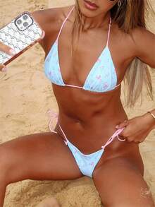 Women Two Piece String Bikini Set Floral Print Halter Side Tie Triangle Thong Swimsuits Bathing Suit - Blue - View 5