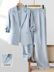 女士休闲通勤褶裥七分袖宽松单排扣西装外套及裤子套装，春夏款 - 淺藍色 - 查看 1