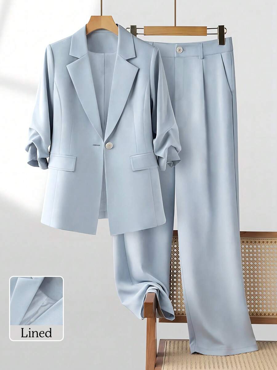 女士休闲通勤褶裥七分袖宽松单排扣西装外套及裤子套装，春夏款 - 淺藍色 - 查看 1