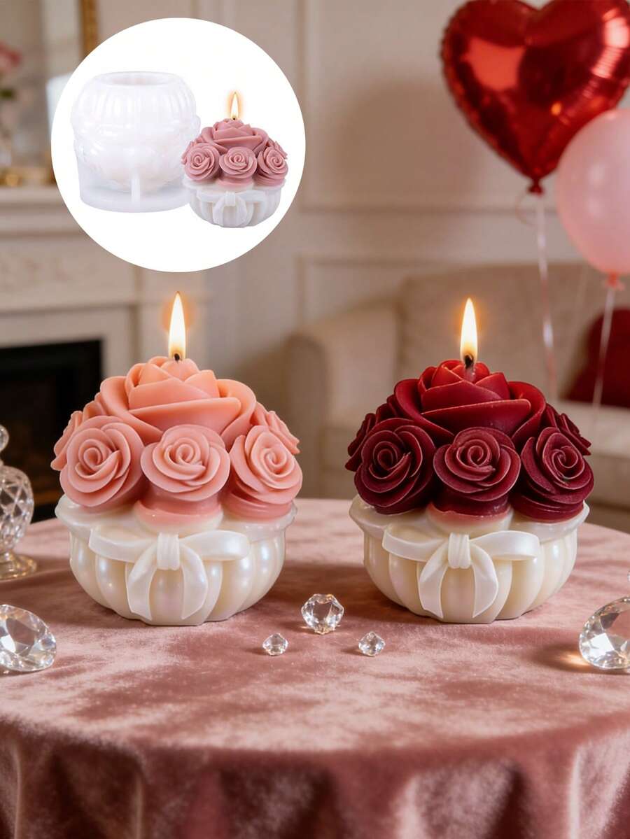 Wiederverwendbare Rosenblüten-förmige Silikonform, zum Selbermachen von Kerzen, Heimdekoration, Bastelhobbys, Geschenke, Kerzenzubehör - Weiss - Übersicht 1