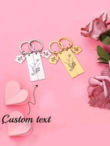 1 Pair Customized Creative Couple Keychain - Customizable Name And Date, Handshake And House Shaped Design, Stainless Steel Material, Couple Anniversary Gift, Housewarming, Christmas/Halloween, Valentine's Day - 1 Pair Heart Pendant, Customizable Text On Back (Men's Fashion Accessory), Women's Jewelry, Customized Keychain, Housewarming Gift - Multicolor - View 2