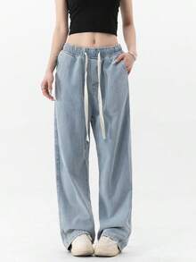 Pantalones rectos de estilo vintage americano de inspiración retro. Vaqueros casuales de pierna ancha para todas las estaciones. Vaqueros rectos de pierna ancha con cintura elástica y cordón ajustable. Pantalones casuales de estilo hongkonés con bolsillos. - Celeste - Ver 1