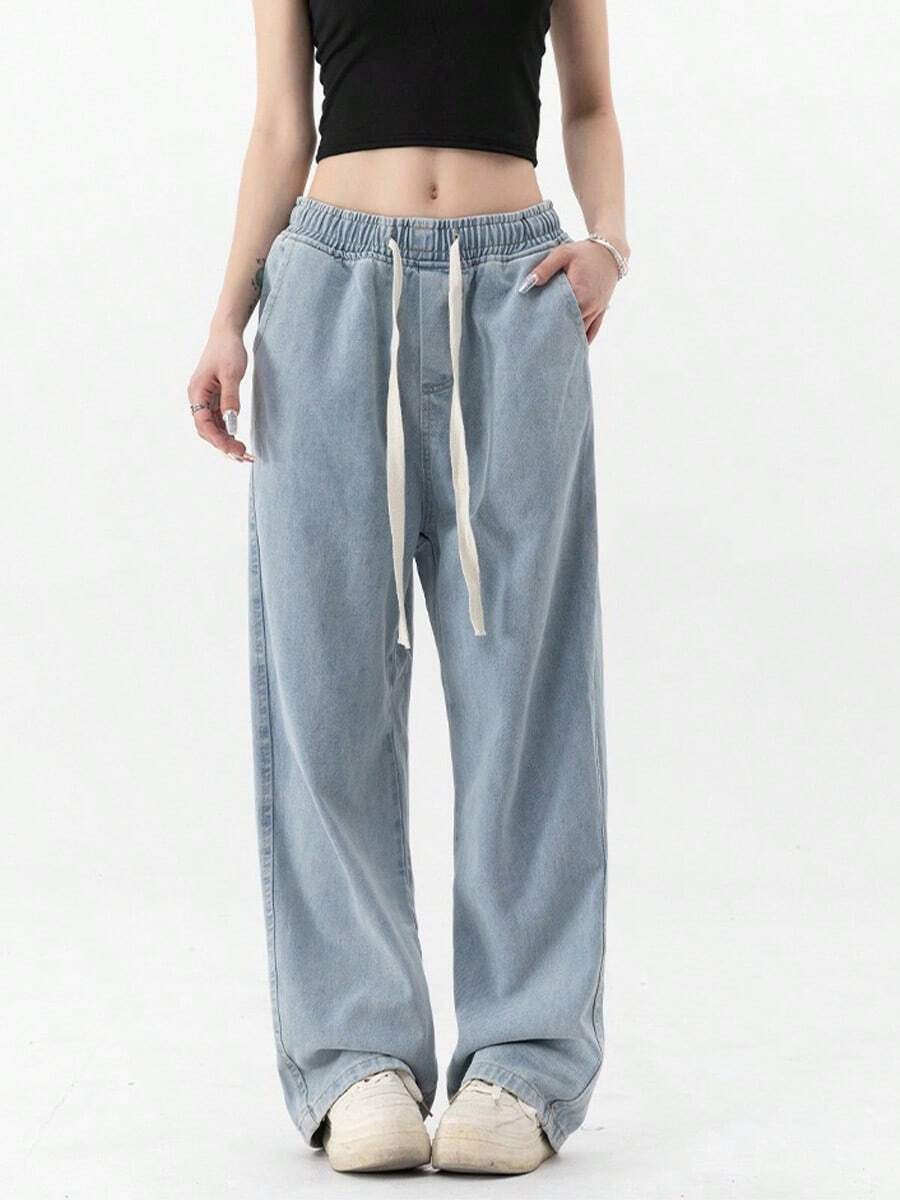 Pantalones rectos de estilo vintage americano de inspiración retro. Vaqueros casuales de pierna ancha para todas las estaciones. Vaqueros rectos de pierna ancha con cintura elástica y cordón ajustable. Pantalones casuales de estilo hongkonés con bolsillos. - Celeste - Ver 1