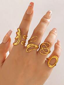 Conjunto de 4 anéis minimalistas e versáteis em aço inoxidável banhado a ouro 18K com design geométrico assimétrico em formato de elipse, elegantes e casuais para mulheres, perfeitos para uso diário, encontros, reuniões, feriados e Dia dos Namorados. - Multicolorido - Ver 1