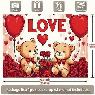 1 Valentine's Day Party Banner, Including Cute Teddy Bear, Red Rose And LOVE Balloon-Suitable For Office, Photo Booth Props, Home Decoration-All Seasons, Mixed Colors, Decoration, Festive Background, Bright Printing Quality.