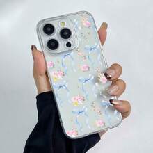 Funda para teléfono con diseño de flores y lazos azules, compatible con iPhone 16, 15, 14 Pro Max, 13, 12, 11, XR y XS Plus. Fabricada en silicona TPU, ofrece protección contra golpes y caídas, además de una excelente sensación al tacto. Es el regalo ideal para familiares, amigos y seres queridos. - transparente - Ver 2