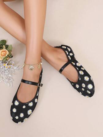 Women's New Black Mesh Floral Embroidery Round Toe Simple Buckle Design French Shallow Breathable Flat Shoes, Lightweight Comfortable Soft Bottom Loafers, Slip-On Casual Shoes