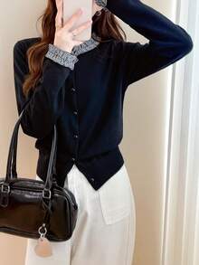 Alicedudu Women's Spring Woven Plaid Cute Girl Patchwork Design Knit Cardigan Sweater - Black - View 3