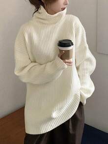 女士纯色休闲宽松高领长袖罗纹优雅毛衣，秋季 - 杏色 - 查看 3