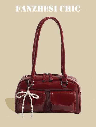 新款时尚经典百搭纯色PU防水面料女士手提包，串珠蝴蝶结装饰设计，大容量单肩包，贝壳包，女士钱包，适合购物、通勤、旅行使用