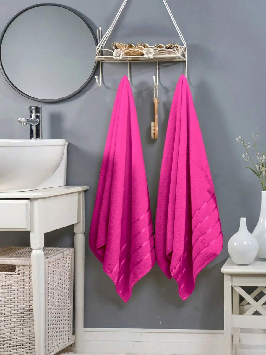 2 Pcs First Class Bath / Shower Towel Set 100% Cotton | Body Beach Hotel Towel 70x140 Cm - Made In Turkiye - Hot Pink - View 1