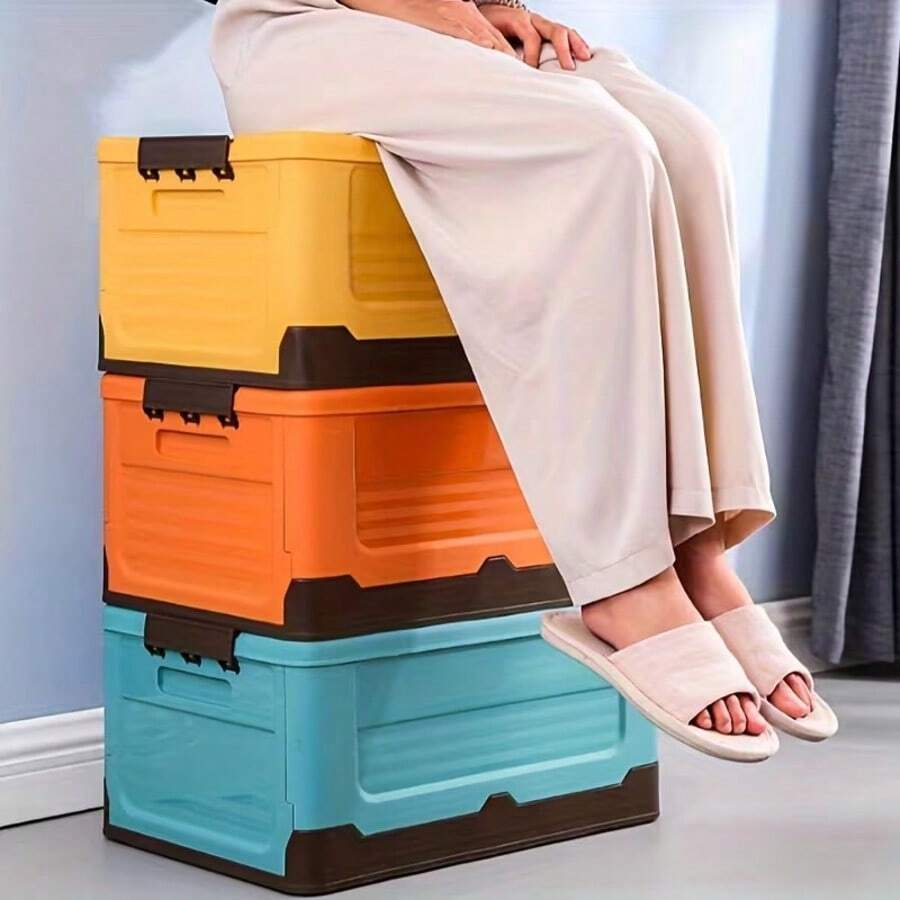 1 pieza Caja de almacenamiento pequeña plegable, diseño a prueba de humedad y ahorro de espacio con tapa abatible de plástico duradero, adecuada para el hogar, maletero del coche, dormitorio, organizador rectangular naranja y azul, estante de almacenamiento para exteriores