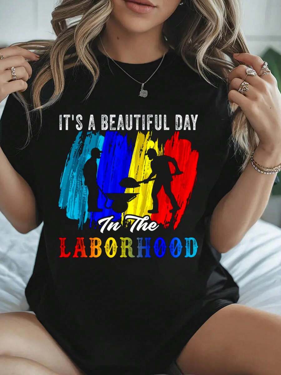 100% Algodón Es un hermoso día en el trabajo Feliz Día del Trabajo Camiseta retro estampada de algodón para el verano, blusa de manga corta suave para mujeres, camiseta cómoda y elegante para mujeres camisetas gráficas - Negro - Ver 1