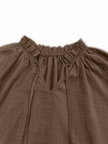 女式 V 领长袖纯色褶饰腰带优雅迷你连衣裙，适合通勤、办公室、居家、度假、秋冬季 - 棕色 - 查看 4