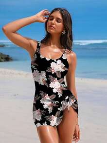 One-Piece Swim Dress For Women, U-Neck Tummy-Control Swimsuit - Black Pink Plants - 查看 5