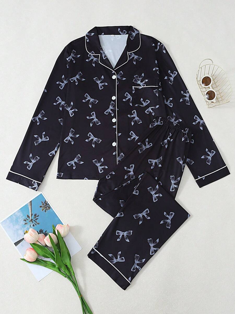 蝴蝶结印花女士长袖睡衣套装 - 黑色 - 查看 1