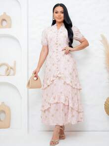 Vestido Feminino Maxi Bordado Aplicado Mangas Bufantes e Saia em Camadas Decote V Botões Falsos no  Busto Social Elegante Romântico e Perfeito - Rosa Bebê - Visão 7