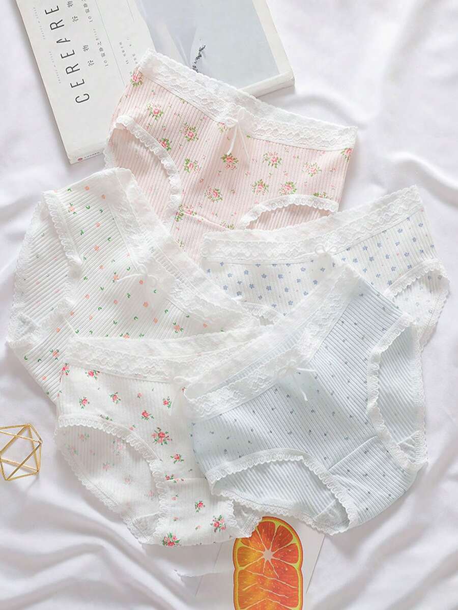 5pcs Women's Sweet Pastoral Style Comfortable Lace Trim & Bow Decor Briefs Set - Multicolor - View 1