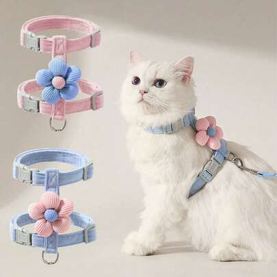 1件猫/狗胸背带，饰有可爱毛绒花朵，可调节大小，适合小型/中型宠物，可爱狗狗胸背带，幼犬胸背带，小型犬背心，适合女孩，易于控制的狗狗胸背带